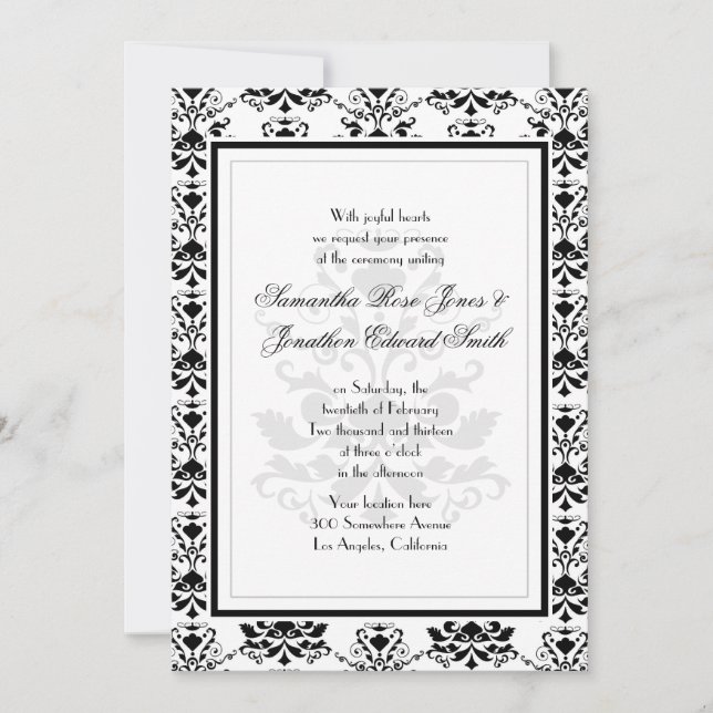 Blanco con negro Damask Elegante Invitación a la b (Anverso)