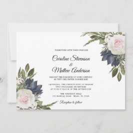 Blanco elegante | Invitación a la boda floral azul