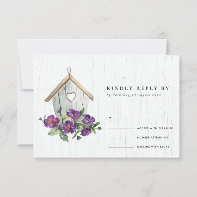 BLANCO MADERA RÚSTICA FLORAL BIRDHOUSE BODA RSVP (Anverso)