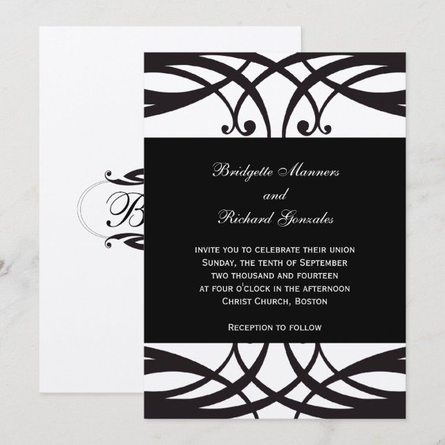Blanco negro Invitación a la boda de plata Art Déc (Anverso / Reverso)