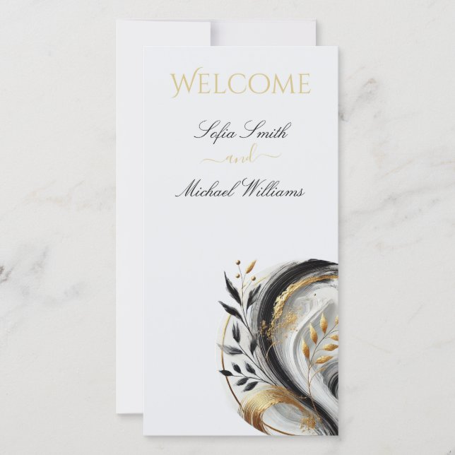 Blanco negro moderno y Boda dorado botánico - (Anverso)