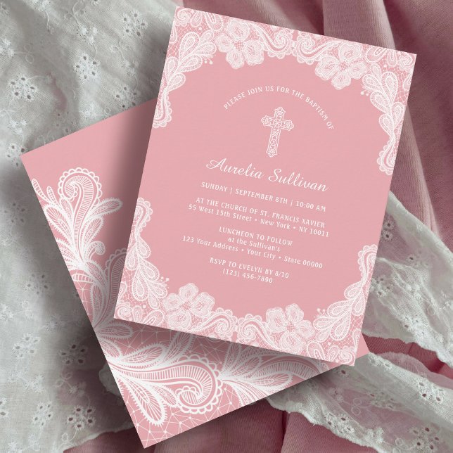 Blanco sobre la invitación al bautismo rosa (Subido por el creador)