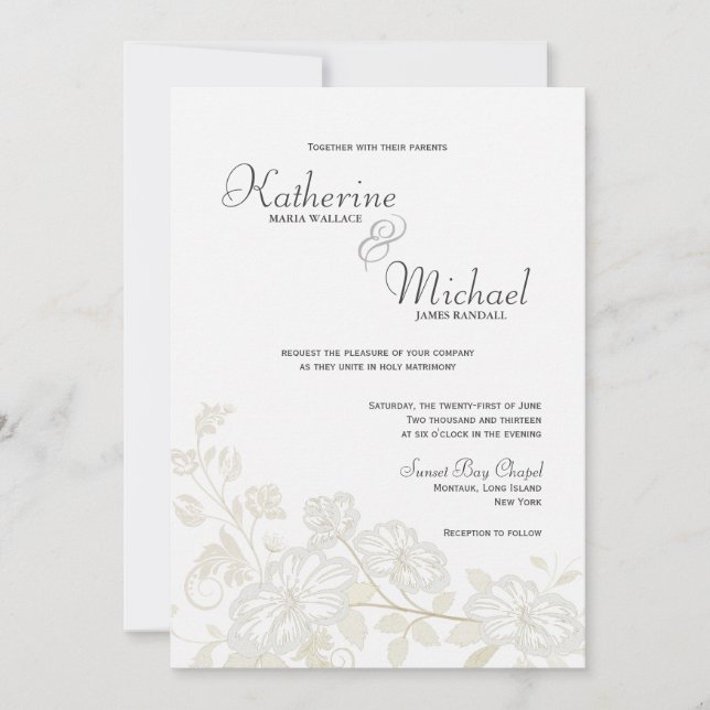Blanco sobre las invitaciones a la boda floral bla (Anverso)