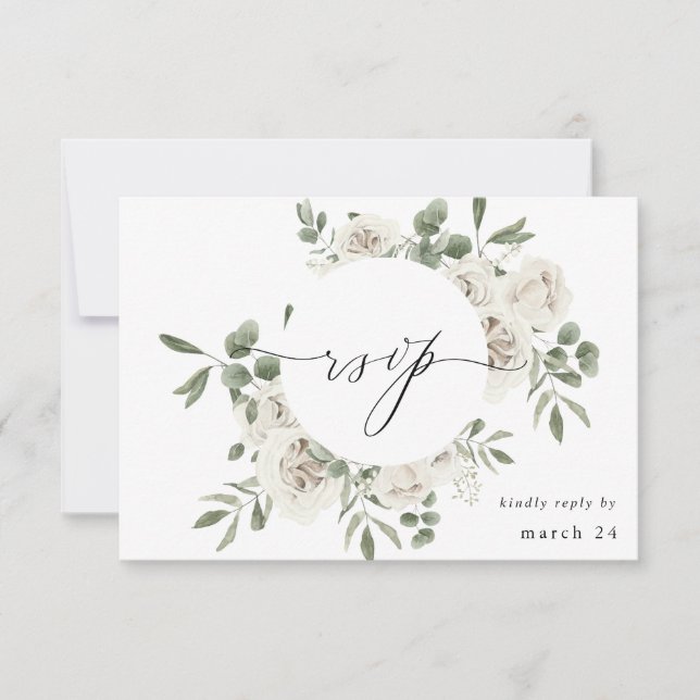 Blanco Suave Floral & Eucalipto con RSVP de comida (Anverso)