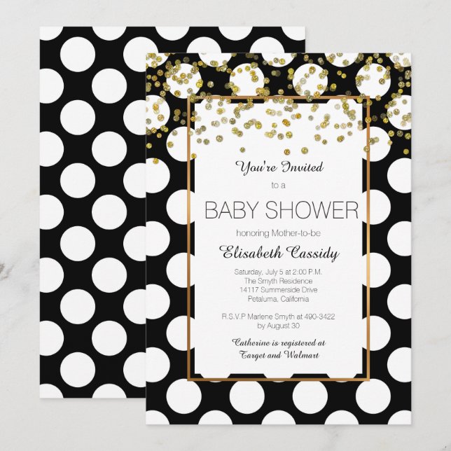 Blanco y negro, invitación de Baby Shower de oro (Anverso / Reverso)