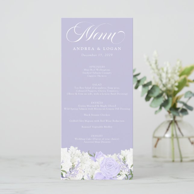Blanco y Periwinkle | Menú de Boda (Anverso de pie)