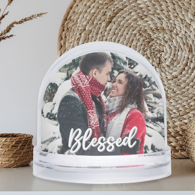 Blessed Couple 2 Sided Photo Modern Script  (custom photo blessed valentines day couple anniversary souvenir keepsake snow globe)