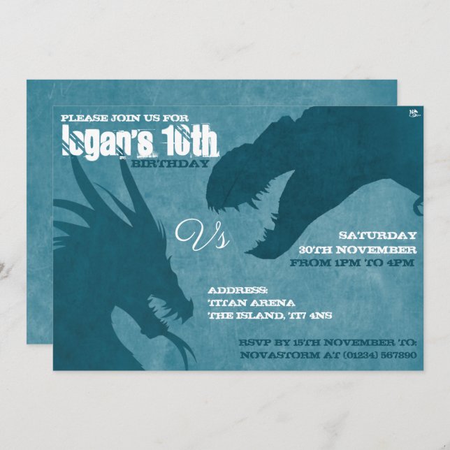 Bllue Dragon Vs T-Rex Silhouette Invitaciones (Anverso / Reverso)