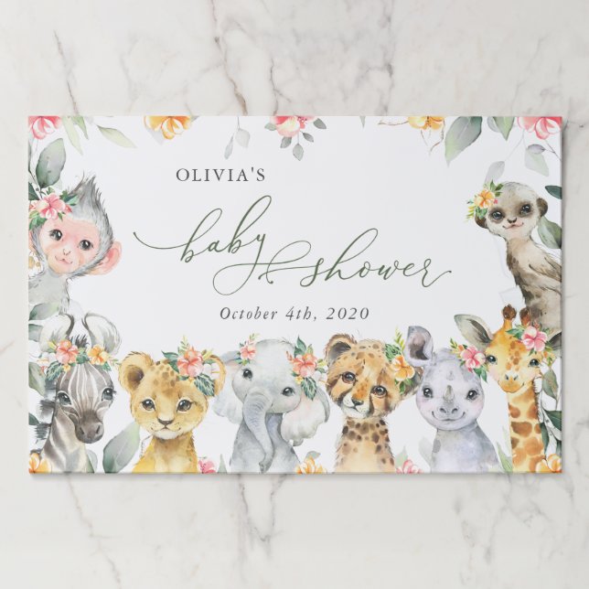 Bloc De Hojas Animales de la jungla, Safari, Flores, Baby Shower (Anverso)