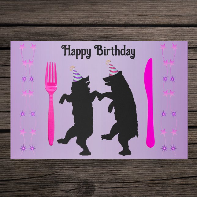 Bloc De Hojas Birthday Black Dancing Bears Party Hats Pink Stars (Cute black dancing bears rows of pink stars party hats on purple Birthday paper placemats for kids.)