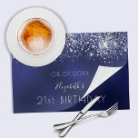 Bloc De Hojas Birthday navy blue silver glitter paper placemat<br><div class="desc">A navy blue background with silver faux glitter dust. The blue color is uneven. Personalize and add a date,  name and age 21. The name is written with a modern hand letteres style script.</div>