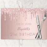 Bloc De Hojas Birthday party rose gold glitter paper placemat<br><div class="desc">A paper placemat, placemats for a girly and glamorous 21st (or any age) birthday party table setting. A rose gold faux metallic looking background with faux glitter drips, paint dripping look. Personalize and add a date, name and age 21. The name is written in dark rose gold with a modern...</div>