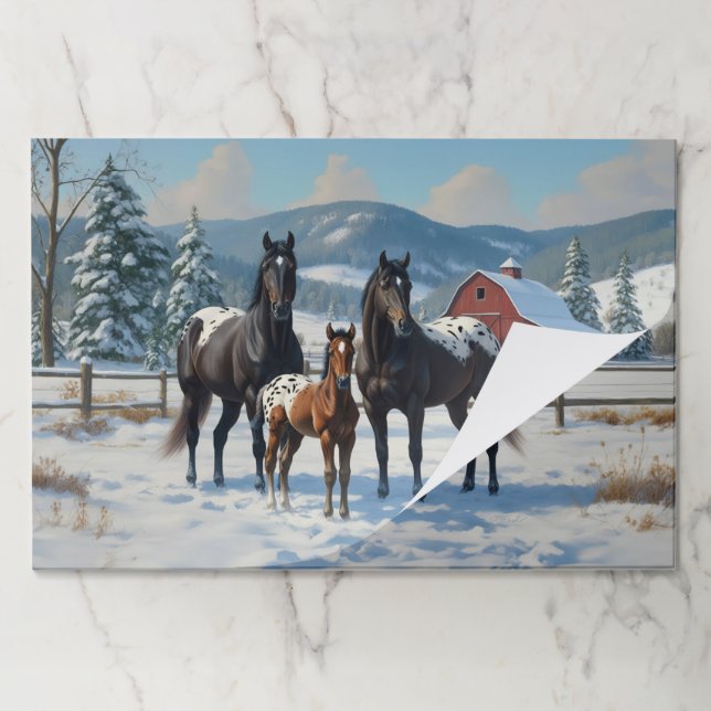 Bloc De Hojas Caballos Appaloosa negros en una granja en inviern (Plegada)