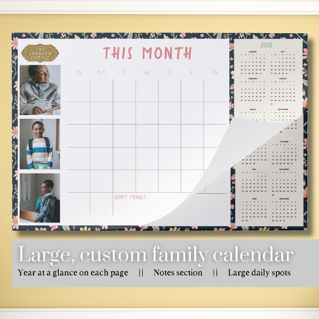 Bloc De Hojas Calendario de pared de la mesa de fotos de la fami (Large custom family monthly desk calendar. Navy blue floral. Year at a glance and notes sections.)