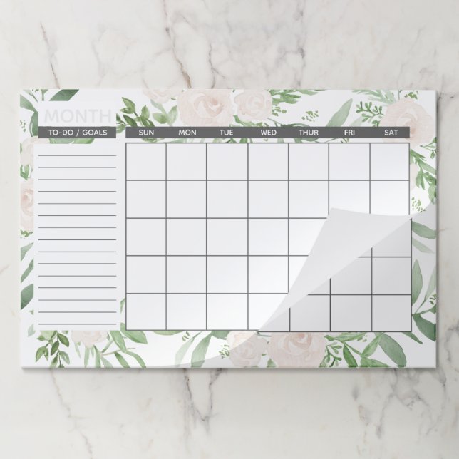 Bloc De Hojas Calendario mensual floral blanco y verde elegante (Plegada)