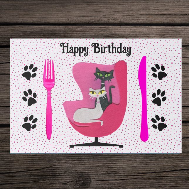 Bloc De Hojas Cats in Mid centry pink chair paw prints Dots Mat (Cats in mid century pink chair with black cat paw prings pink polka dots on Birthday paper placemats)