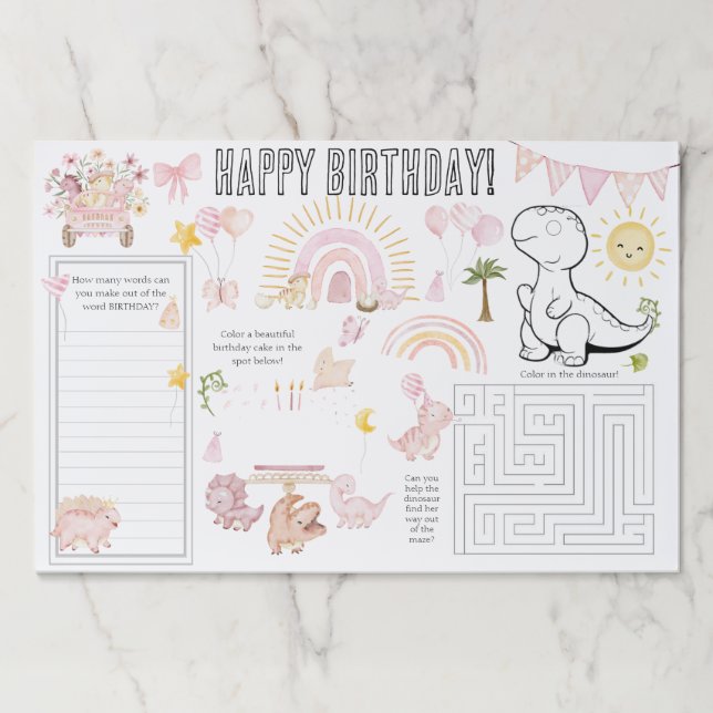 Bloc De Hojas Chica rosa Dinosaurio Cumpleaños Actividad Placema (Anverso)