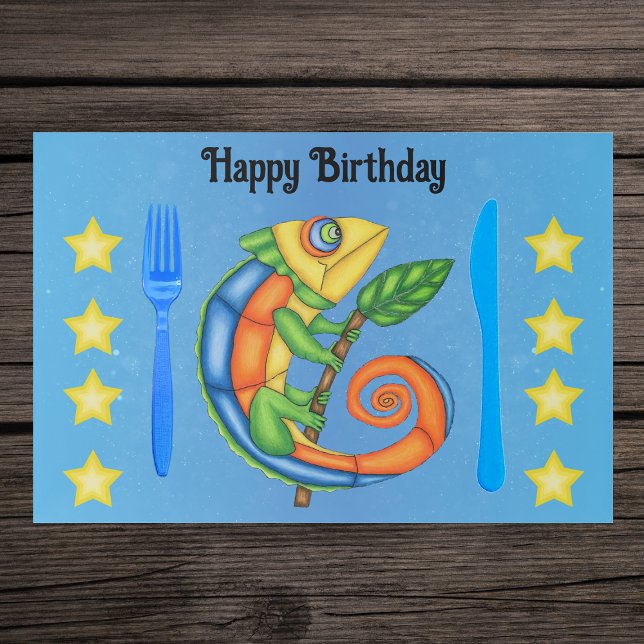Bloc De Hojas Colourful Cartoon Lizard Leaf Yellow Stars Blue (Lizard in bright colours with leaf on twig yellow stars on blue Birthday paper placemats for kids.)