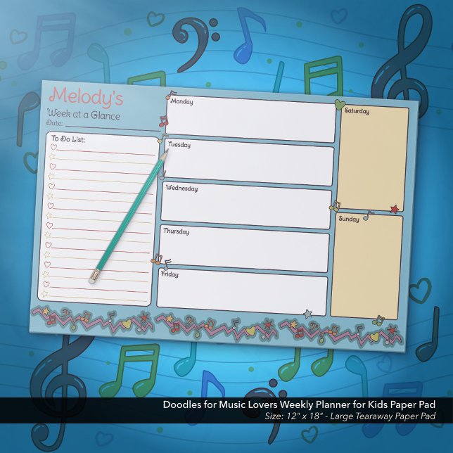 Bloc De Hojas Doodles para los amantes de la música: planificado (Doodles for Music Lovers Weekly Planner for Kids Paper Pad - Blue)