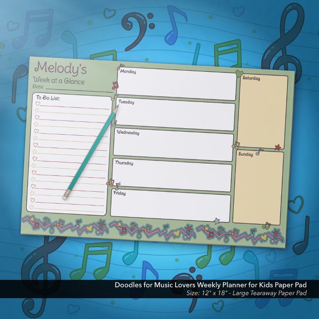 Bloc De Hojas Doodles para los amantes de la música: planificado (Doodles for Music Lovers Weekly Planner for Kids Paper Pad - Green)