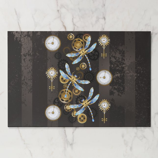 Bloc De Hojas Dragoniscos de Steampunk sobre fondo rayado marrón (Anverso)