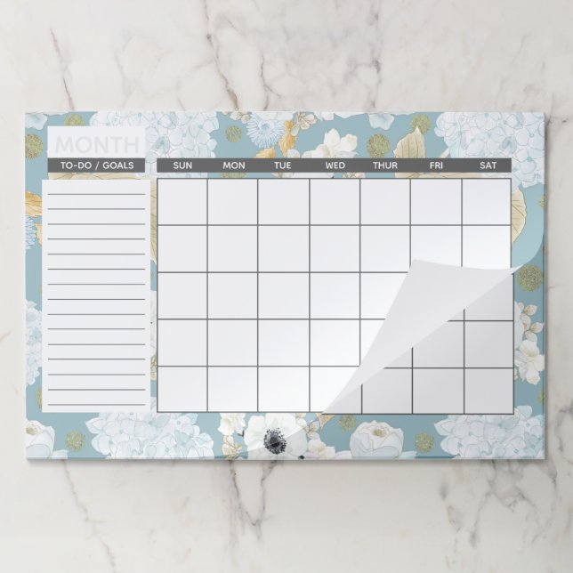 Bloc De Hojas Elegante calendario floral azul y blanco (Plegada)