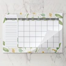 Elegante calendario mensual de flores blancas y ve