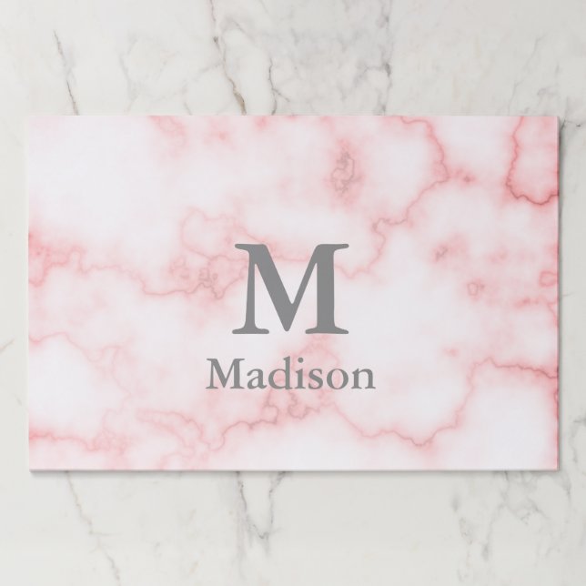 Bloc De Hojas Elegante Faux Pink Marble Gray Name and Monogram (Anverso)