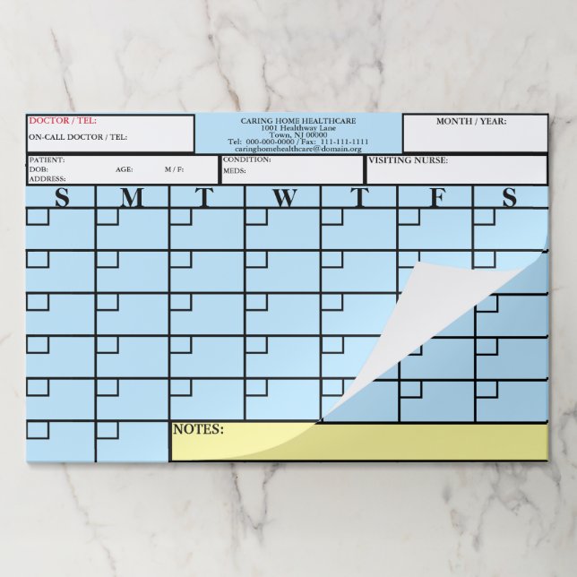 Bloc De Hojas Enfermera Médica Paciente Mensual Log Azul Amarill (Plegada)