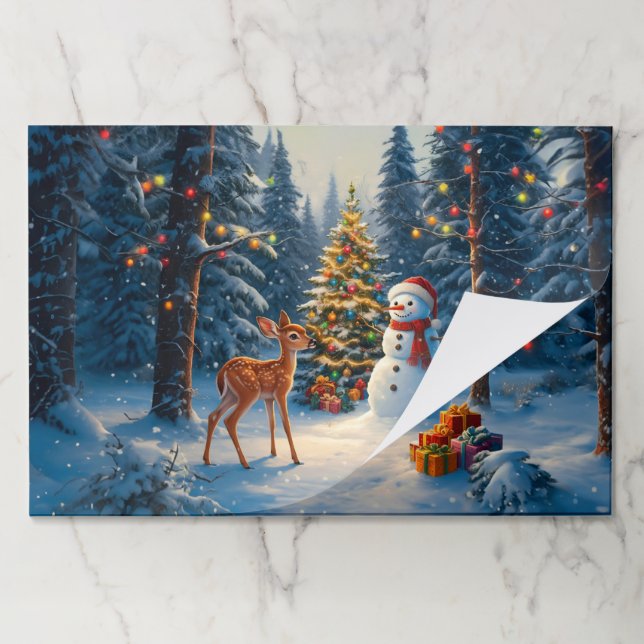 Bloc De Hojas Escena De Árbol De Navidad Cute Deer Fawn Snowman (Plegada)