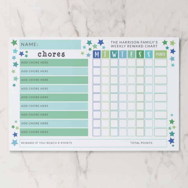 Bloc De Hojas Estrellas verdes azules - gráfico de recompensas p (Anverso)