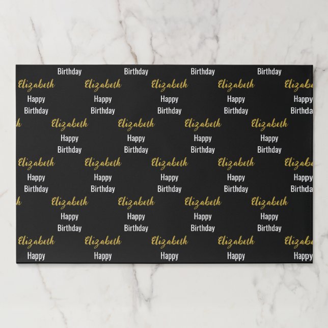 Bloc De Hojas Feliz cumpleaños Black White Gold Name Placemats (Anverso)