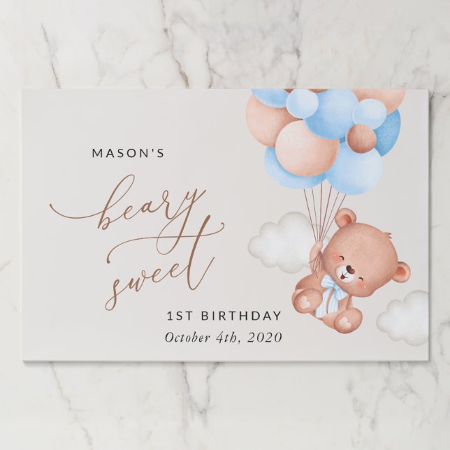 Bloc De Hojas Oso bebé, globos azules, primer cumpleaños (Anverso)