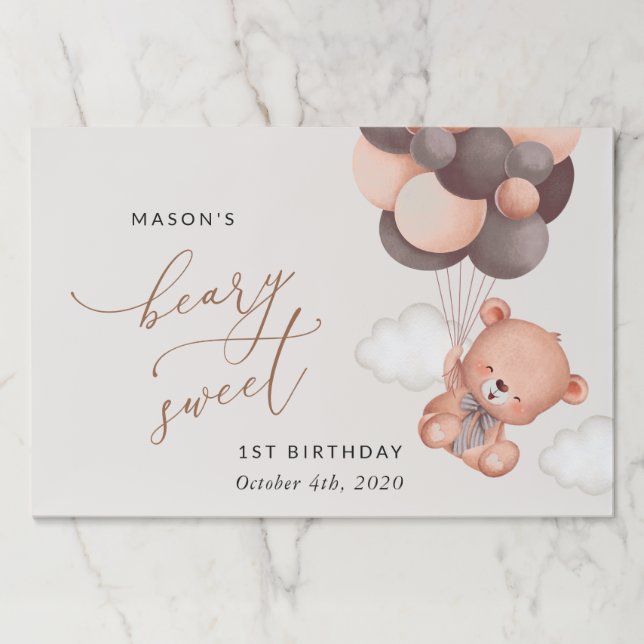 Bloc De Hojas Oso Bebé, Globos Marrones, Primer Cumpleaños (Anverso)