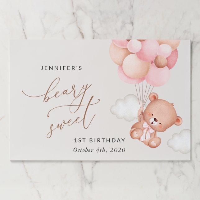 Bloc De Hojas Oso bebé, globos rosados, primer cumpleaños (Anverso)