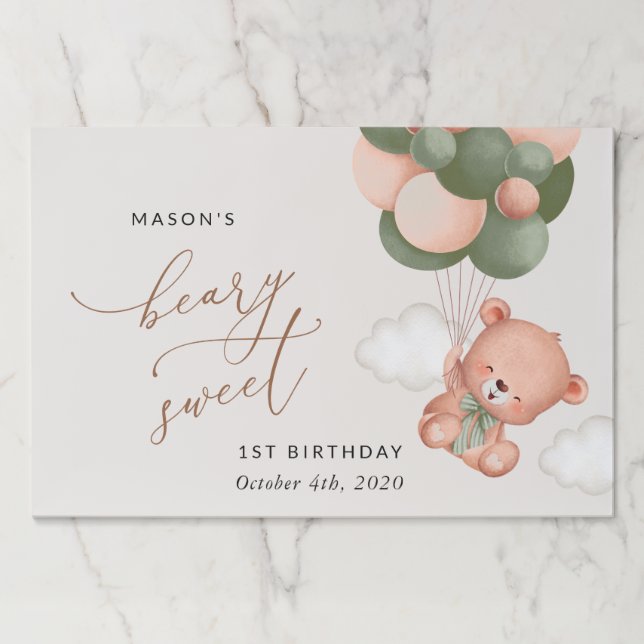 Bloc De Hojas Oso bebé, globos verdes, primer cumpleaños (Anverso)