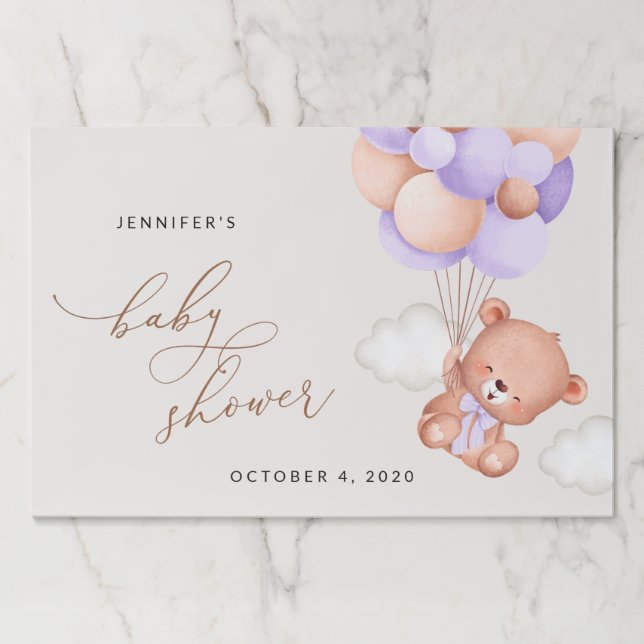 Bloc De Hojas Oso Bebé, Oso Lindo, Globos Morados, Fiesta de Beb (Anverso)