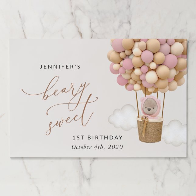 Bloc De Hojas Oso lindo, globos rosados, primer cumpleaños (Anverso)