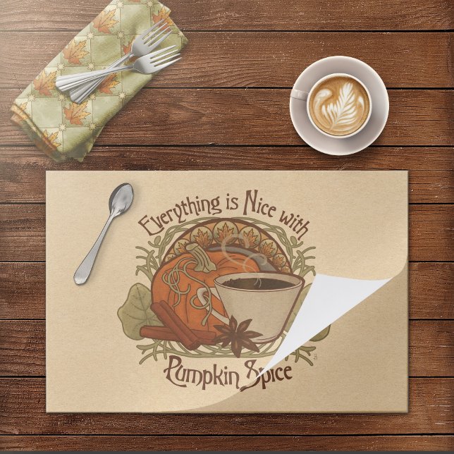 Bloc De Hojas Placemat de papel de café con especias de calabaza (Pumpkin Spice Coffee Paper Placemat - Shown with Coordinating Fabric Napkin from the same Collection)
