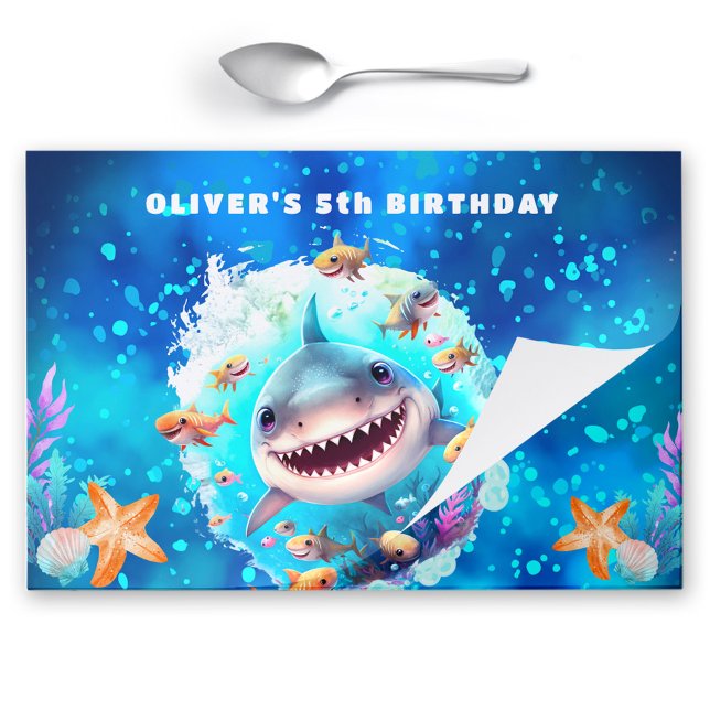Bloc De Hojas Placemat de papel desgarrador de cumpleaños de niñ (Cute Shark Boy Birthday Tearaway Paper Placemat)
