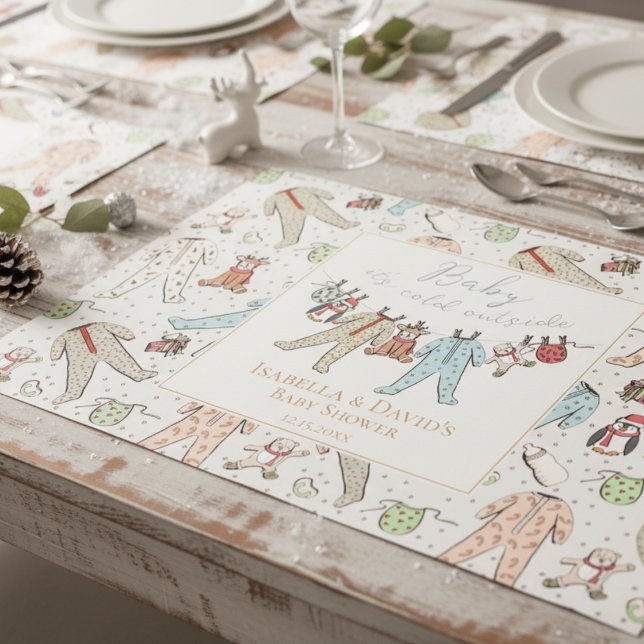 Bloc De Hojas Placemáticas de papel de barrido de Baby Shower en (Cute Rustic Winter Baby It's Cold Outside Christmas Baby Shower Paper Placemats for Mother to Be.)
