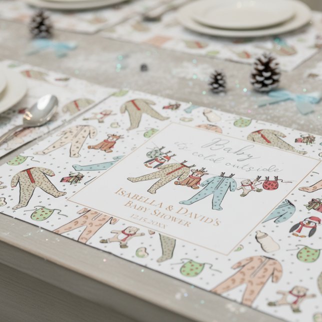 Bloc De Hojas Placemáticas de papel de barrido de Baby Shower en (Cute Rustic Winter Baby It's Cold Outside Christmas Baby Shower Paper Placemats for Mother to Be.)