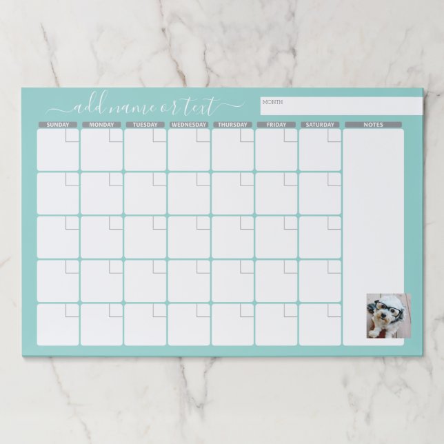 Bloc De Hojas Planner mensual guión moderno y fotografía aqua (Anverso)