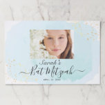 Bloc De Hojas Watercolor Azul x Gold Bat Mitzvah Photo Placemat<br><div class="desc">Esta moda y las elegantes almohadillas de papel mitzvah de papel cartón/cartón con fondo blanco con pinceladas azul turquesa en las manchas acuarelas y falsas manchas doradas. Personalízalo para tus necesidades. Puedes encontrar más productos a juego en mi tienda.</div>