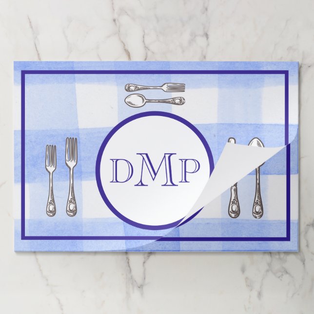 Bloc De Hojas Watercolor Blue Check MONOGRAM Paper Placemat (Plegada)