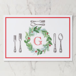 Bloc De Hojas Watercolor Christmas Wreath MONOGRAM Placemat