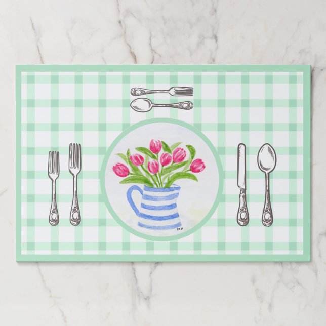 Bloc De Hojas Watercolor TULIP Blue Vase Gr Check Paper Placemat (Anverso)