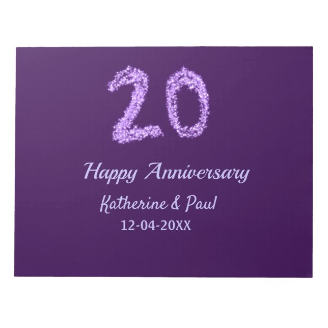 Bloc De Notas 20.º feliz aniversario añada pareja fecha púrpura (Frente)