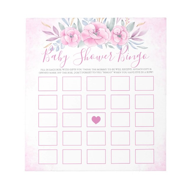 Bloc De Notas acuarela de Baby Shower Bingo Rubor Flores rosas (Frente)