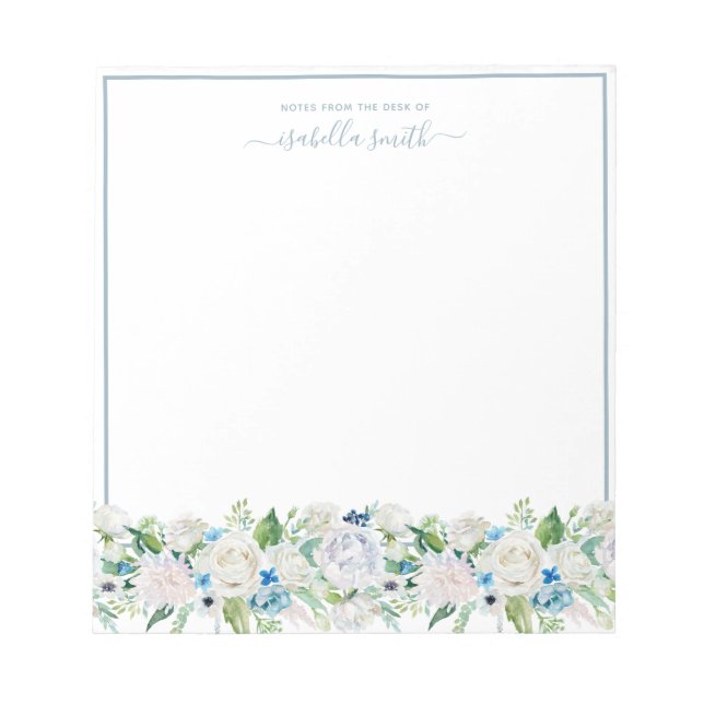 Bloc De Notas Acuarela Dusty Floral Azul Romántico Elegante (Frente)